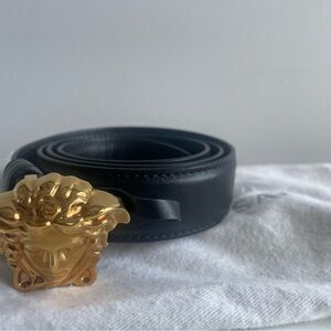 Versace Black Leather Belt with Gold Buckle